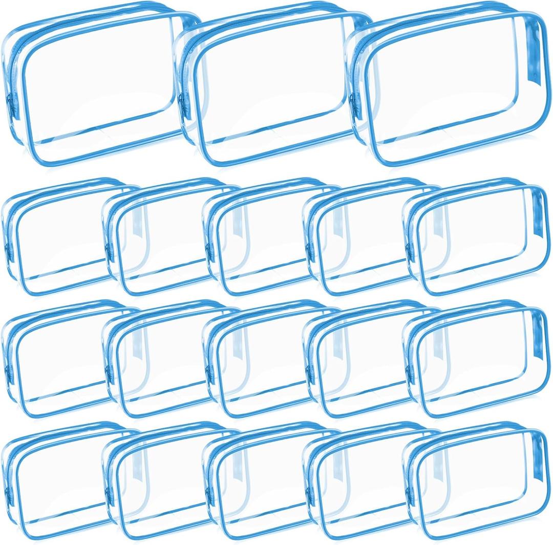 Saintrygo 18 Pack Clear Makeup Bags 7 x 5 PVC Cosmetic Bag Plastic Zippered Pouches Portable Toiletry for Women Men Travel Vacation Bathroom Organizing(Clear Color, Blue Border)