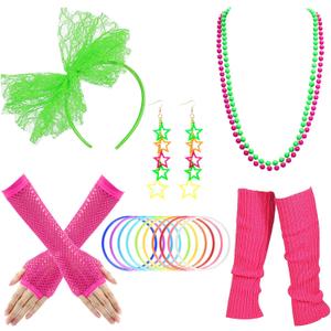 Blulu 80s Dress Costume Accessories for Women Lace Headband Earring Fishnet Glove Leg Warmers Necklace Bracelet for 80s Party (Assorted Color)