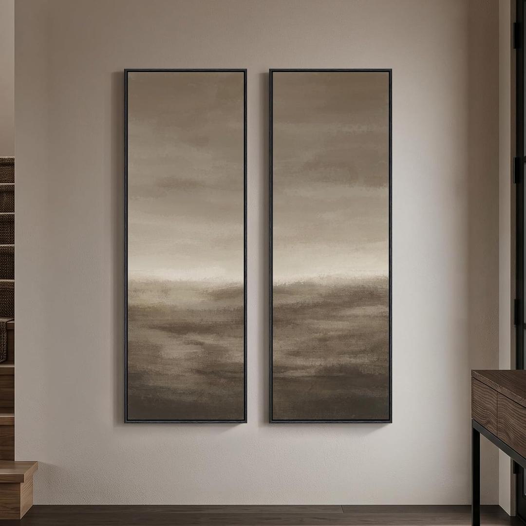 Large Framed Abstract Vertical Wall Art, 2 Piece Brown Long Narrow Decor, 20"W x 60"H x 2Pcs