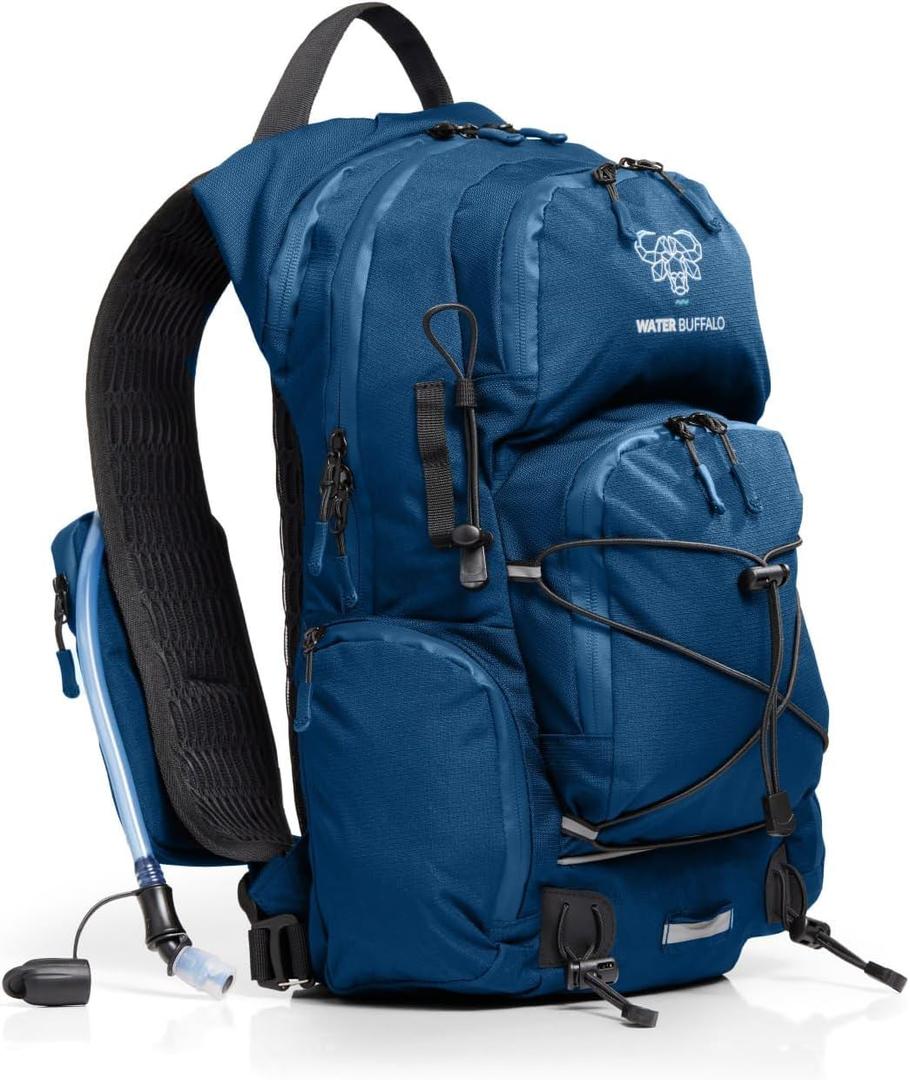 Water Buffalo Hydration Backpack - Sherpa 22L Hiking Backpack with Water Bladder - Water Backpack for Hiking with Waterproof Zippers, Phone & Pole Holders (Medium, Navy Blue)
