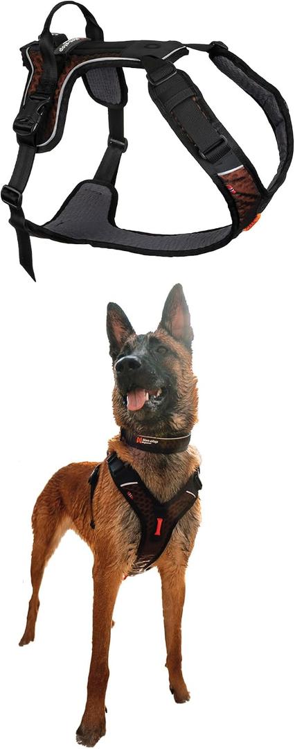 Non-stop dogwear Rock Harness Adjustable Dog Harness for Small Dogs with 3 Leash Clips, Handle and Reflective, Black/Orange, Size S