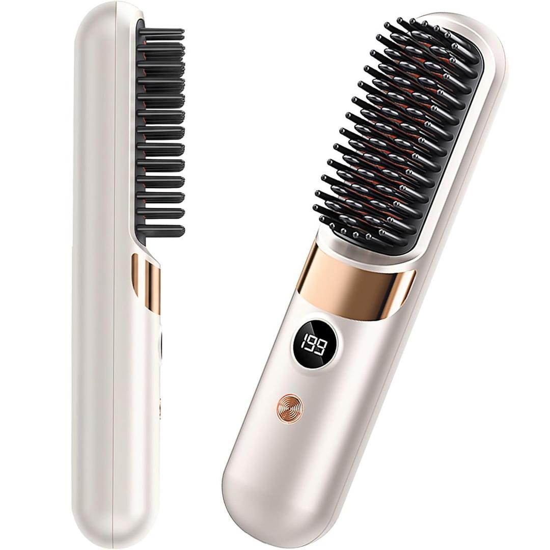 Go Brush Pro Cordless Hair Straightener Brush - Portable Rechargeable Ceramic Styling Brush with 4 Adjustable Heat Modes & LED Display, Perfect for Travel & Everyday Use White