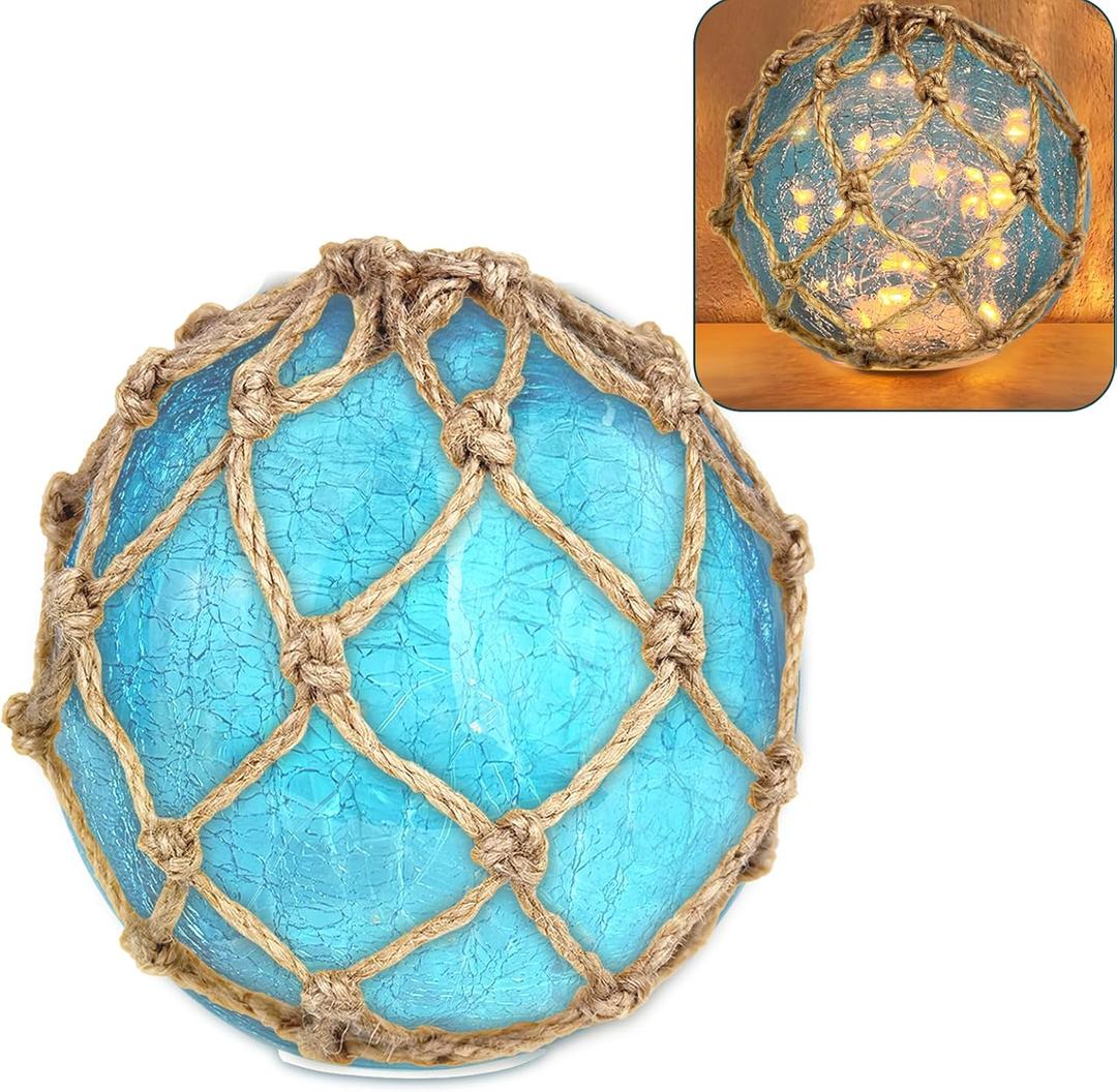 5.91" Blue Glass Fishing Float Night Light,Cracked Glass Ball, Battery Powered Nautical Coastal Decor Beach Bathroom Decor (Blue)
