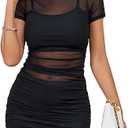 Rooscier Women's Mesh Dress Short Sleeve Bodycon 3 Piece Outfits with Cami Shorts, Size XS