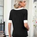 AKEWEI Womens V Neck Sweater Short Sleeve Lightweight Knit Spring Summer Tops with Decorative Buttons (Black, XL)