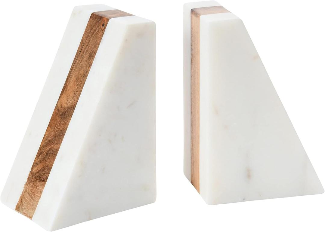 Main + Mesa Marble Geometric Bookends with Wood Inlay, White