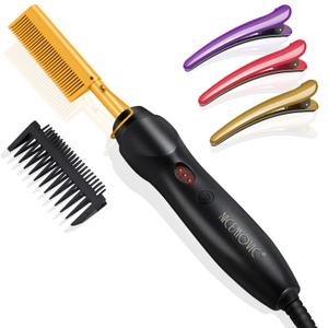 NICEMOVIC Ceramic Heating Hair Straightener Comb - Hot Pressing Brush for Natural Black Hair, Beard Wigs, and Curling (Gold)