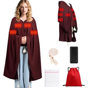 71" x 43" Wearable Heated Blanket, 20,000mAh 7.4V Power Bank, 3 Heat Levels, 11 Panels, Machine Washable, Laundry Bag & Belt (Red)