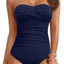 Yonique Womens Strapless One Piece Swimsuit Tummy Control Bandeau Bathing Suits Slimming Twist Front Swimwear, Navy Blue, S