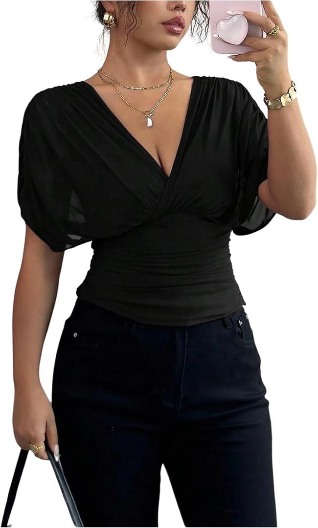 BEAUDRM Women's Wrap Tops Sheer Mesh Dolman Sleeve Tees Cinched Waist Ruched Tie Back Casual Shirts Black Medium