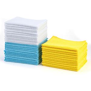 Amazon Basics Microfiber Cleaning Cloths, Ultra Absorbent, Scratch-Free, Highly Absorbent, Non-Abrasive, Reusable and Washable, 16" x 12", Blue/White/Yellow, 36-Pack