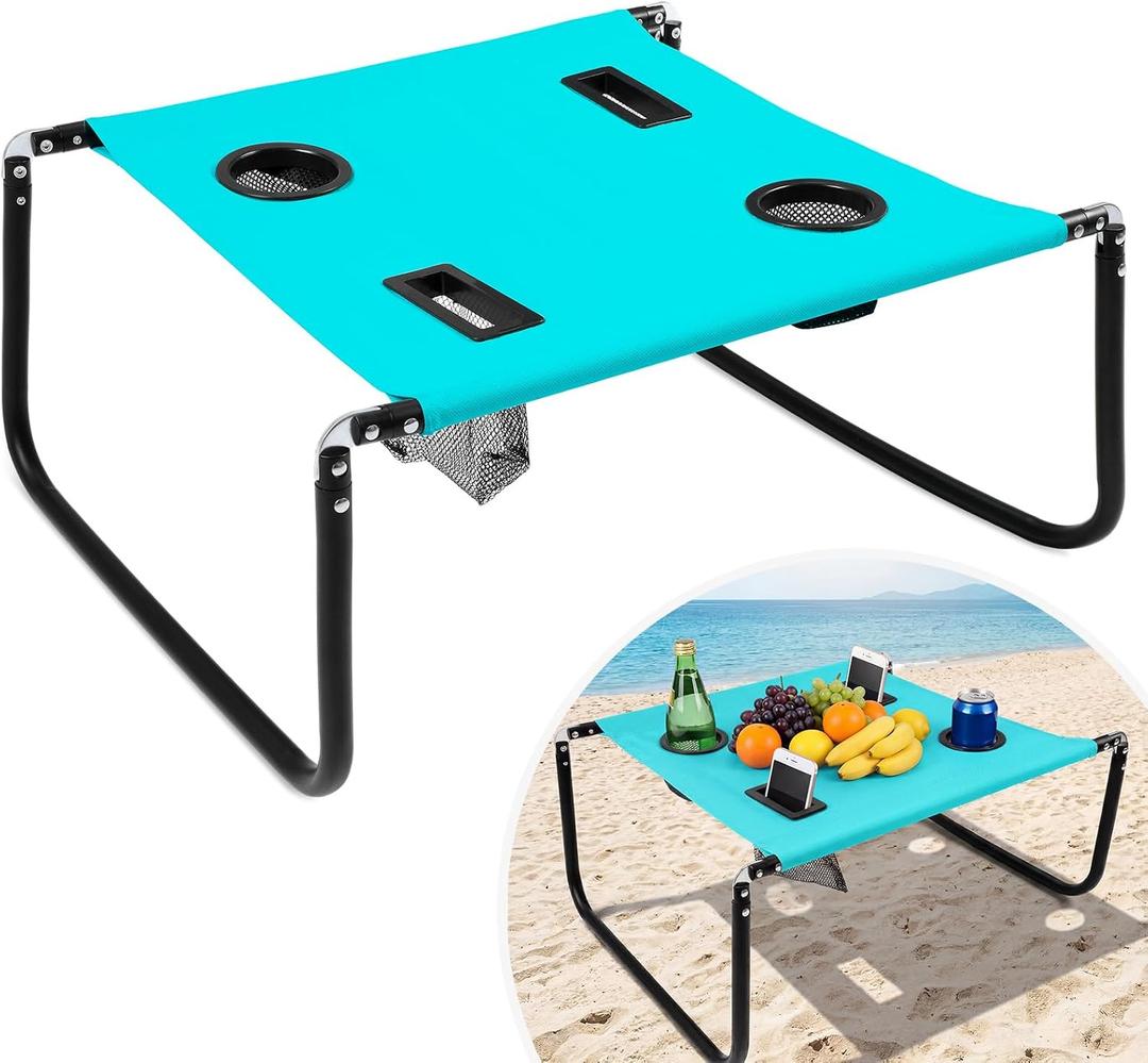 Portable Beach Table Foldable Camping Picnic Table with Cup Holder and Phone Pockets Lightweight Stable for Tailgate Travel Fishing Hiking and Outdoor Adventures(Lake Blue,Solid Pattern)