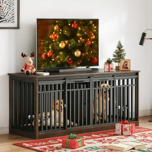 DWVO 71" Double Dog Crate Furniture for 2 Medium Dogs, Heavy Duty Wood Dual Dog Kennel TV Stand with Sliding Doors, Decorative Wooden 2 Dog Cage Table with Dog Bowls for Extra Large Dogs Black Oak