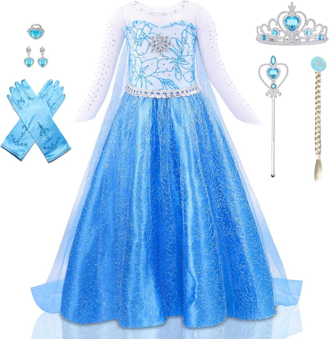 Princess Dress Costume for Girls Halloween Party Cosplay Princess Dress Up Snow Queen Fancy Dress Up Birthday Outfit (4-5 Years)