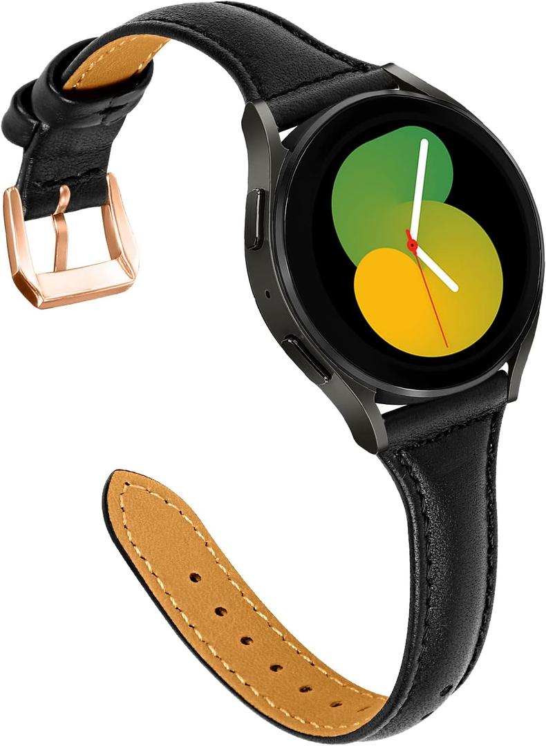 JOYOZY Leather Band Compatible with Samsung Galaxy Watch 7/6/FE/5/4 40mm 44mm,Active(40mm)/2(40mm)(44mm),Stylish Slim Wristband Strap for Samsung Galaxy Watch 6/4 Classic/Galaxy Watch 5 Pro 45mm (Black / Rose Gold)