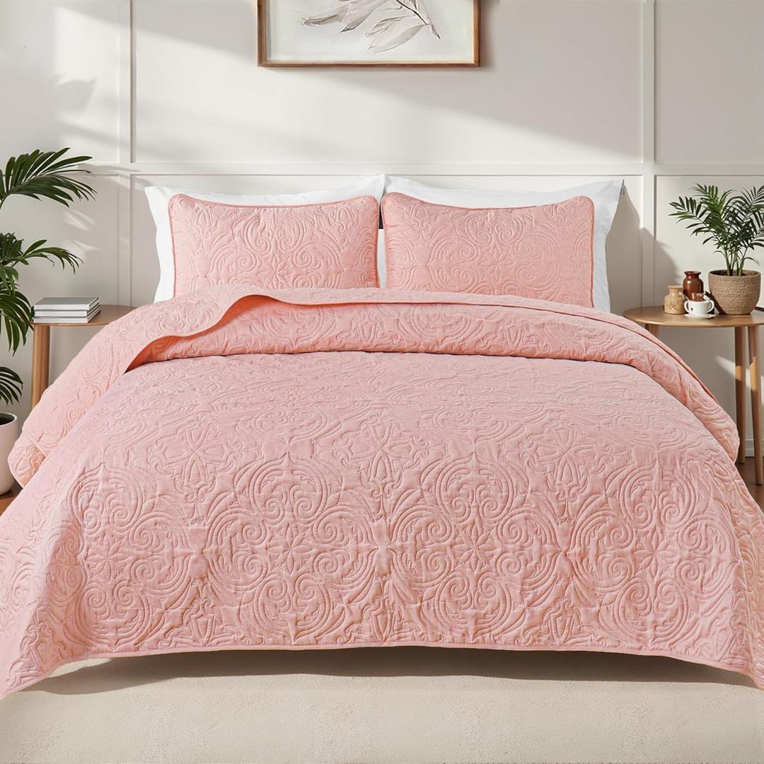 Exclusivo Mezcla Twin Quilt Bedding Set with 1 Pillow Sham, Lightweight Blush Pink Twin Size Quilt Bedspread with Vintage Damask Pattern, Soft Bedspreads Coverlets for All Seasons (Twin (68"x88"))
