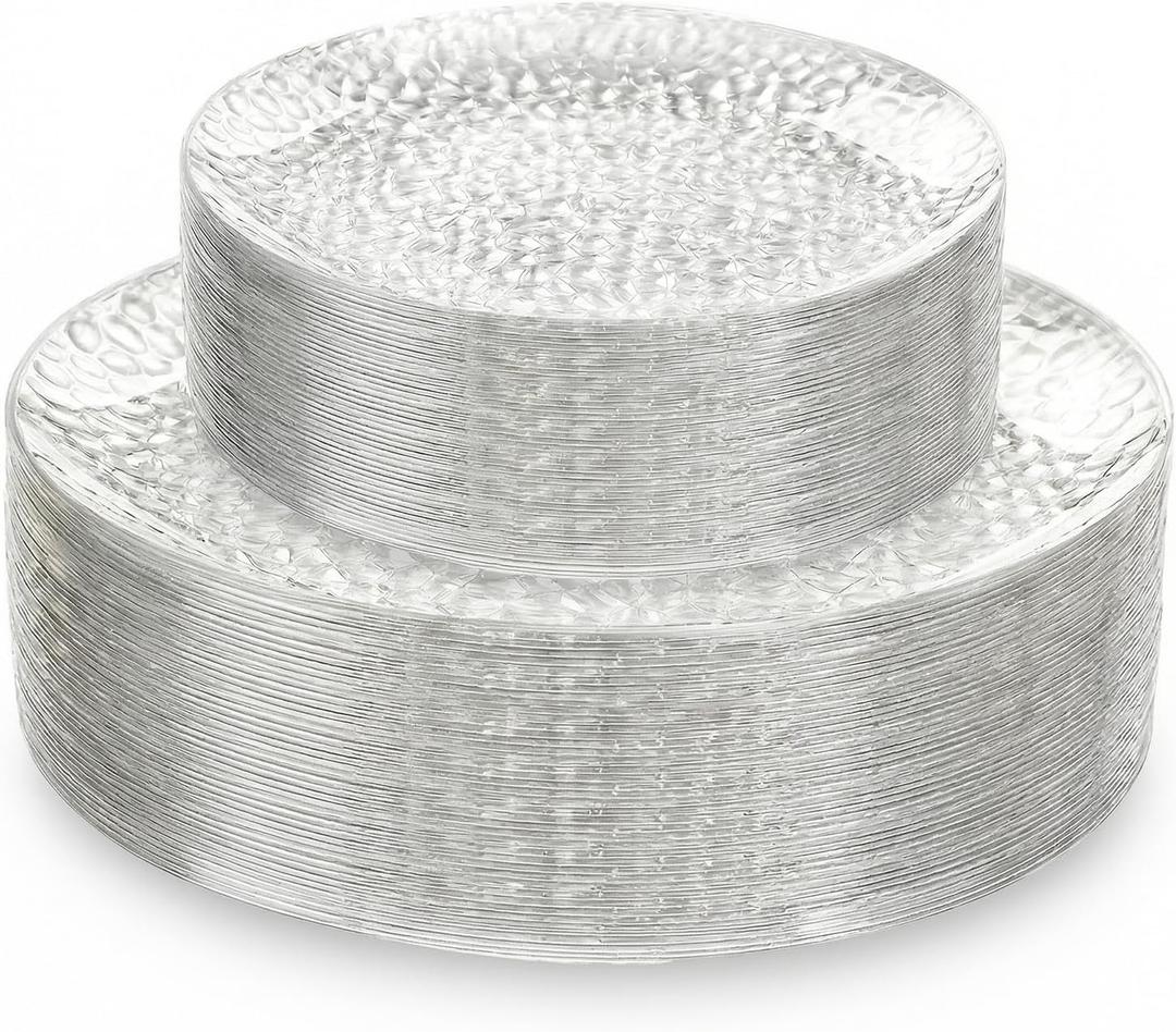 Rubtlamp 60Pcs Plastic Plates, Clear Disposable Plates, Hammered Heavy Duty Plastic Platos, Fancy Disposable Platos Include 30 Clear Dinner Plate, 30 Salad Plate For Bridal Spring