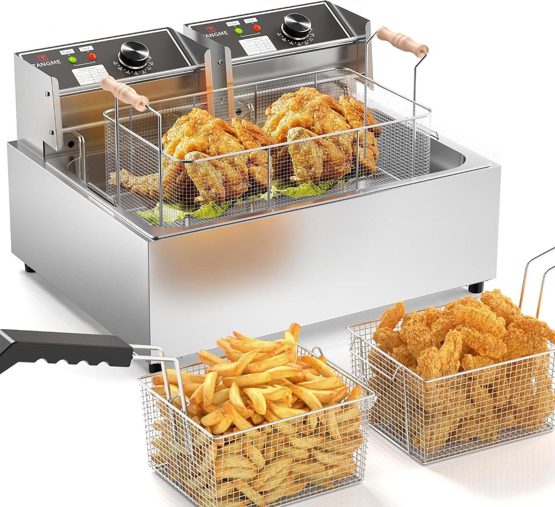 TANGME Commercial Deep Fryer, 3400w Electric Countertop Fryer with 3 Baskets, 22L/23.25Qt 1mm Thickened Stainless Steel Oil Fryer with Temperature Limiter for Restaurant, UL Certified