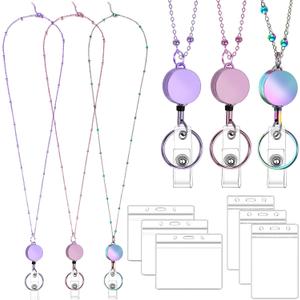 Lanyards for Id Badges 3 Pack Badge Lanyard with 6 Pcs Id Badge Holder Retractable Stainless Steel Teacher Lanyard Cruise Ship Lanyards for Girl Women (Purple, Pink, Bright Blue)