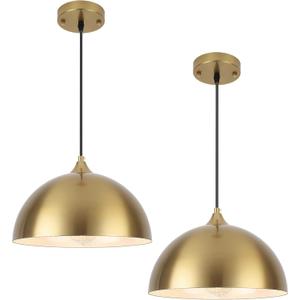 Gold Pendant Light 11.8" Farmhouse Dome Pendant Lights with Brass Finish,Modern Hanging Lamp for Kitchen Island Dining Room Bedroom Restaurant Bar Cafe, 2 Pack
