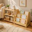 Montessori Kids Shelf and Book Display Rack 2 Piece Wooden Storage Station, 13.78"D x 47.24"W x 23.62"H