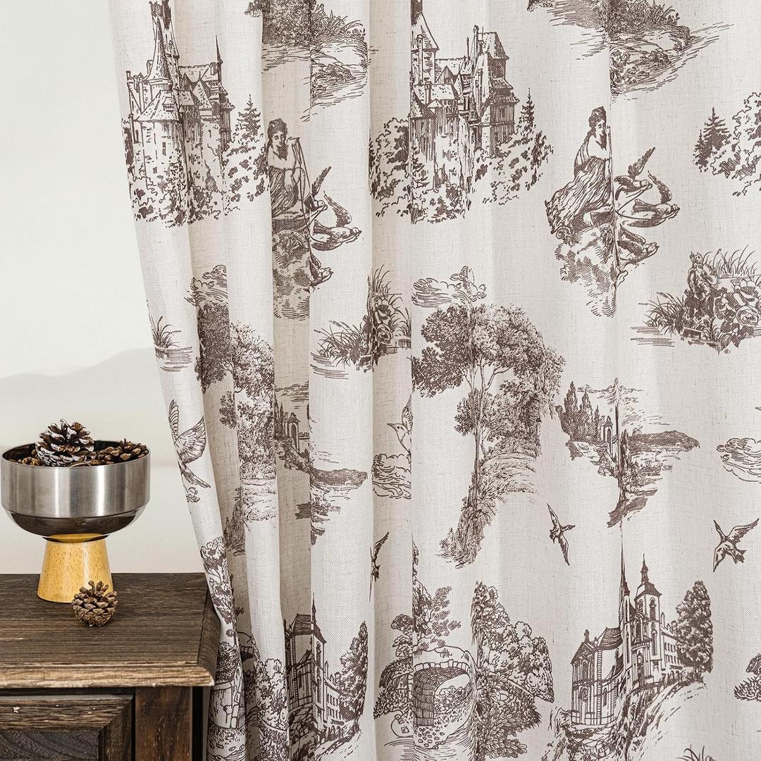 Brown Floral Linen Toile Curtains 84 Inches Long for Living Room Bedroom Toile de Jouy Printed Patterned Country Semi Sheer Curtains Back Tab Light Filtering Coffee Tan Pattern 84 Inch Window Drapes