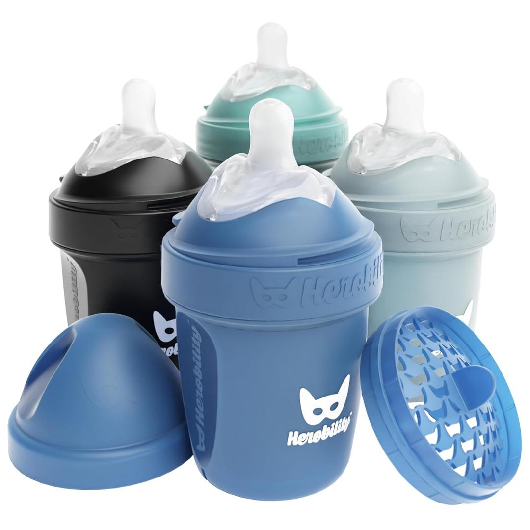 Herobility Anti-Colic Baby Bottles 5 fl oz/140 ml - Pack of 4 Newborn Baby Bottles, Slow Flow Plastic Bottles, Breast-Shaped Teat for Breastfed Babies - Multicolor - Denim, Black, Dusky Green, Gray