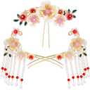 HINZIC Camellia Flower Tassels Hairpin Set for Women, Non-Slip Rhinestone Pearl Clover Hair Clips Headpiece, Retro Chinese Hanfu Wedding Brides Hair Accessories for Long Hair (White)