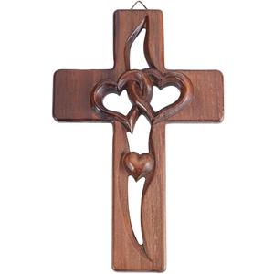 HOBBIESAY 1Pc Marriage Cross for Wall Love Wall Decor Coffee Brown Handcarved Wood Cross with Intertwined Hearts, Crosses Decor Hand Made Hanging Art Decor Grift for Wedding (9.8"L x 6.3"W)