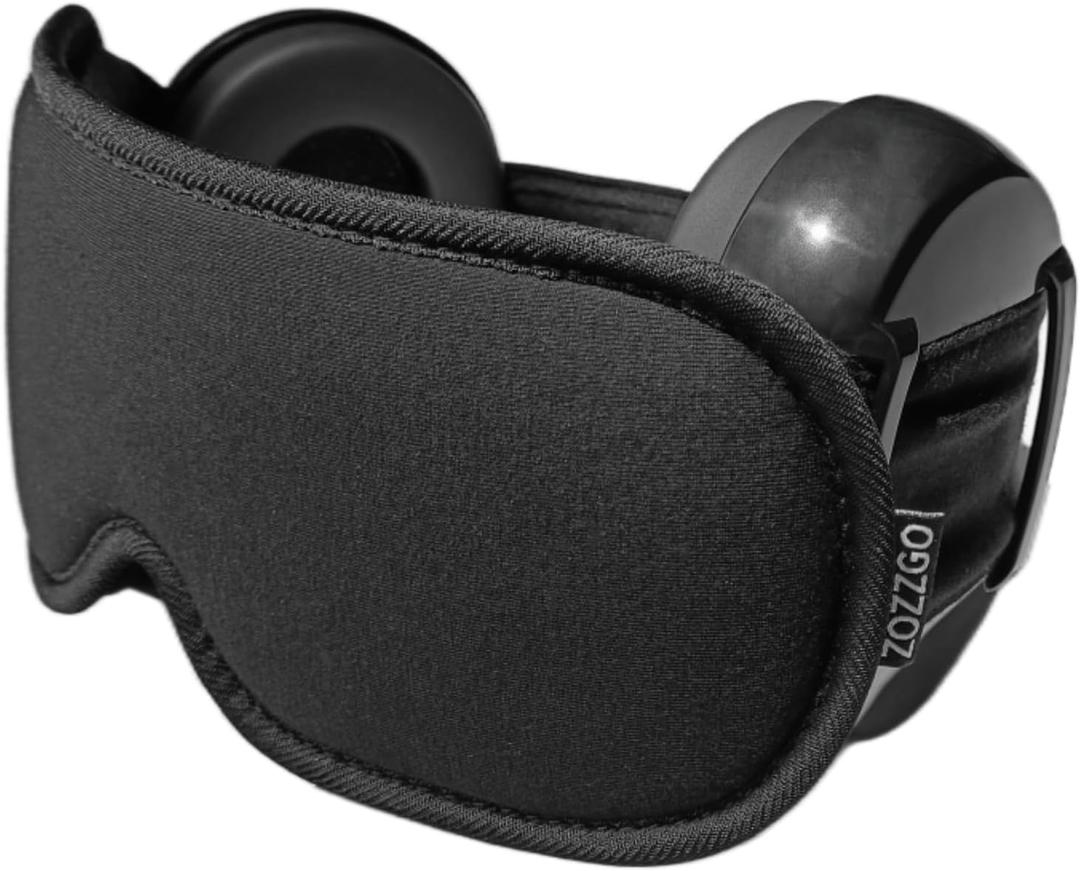 ZOZZGO Noise Reduction Ear Muffs Eye Mask for Sleeping Set, Noise Cancelling Earmuffs 3D Light Blocking Sleep Mask Set (26 In Band ( Head Circumference: 22 In To 24 In), Black Eye Mask (Sponge Pad))