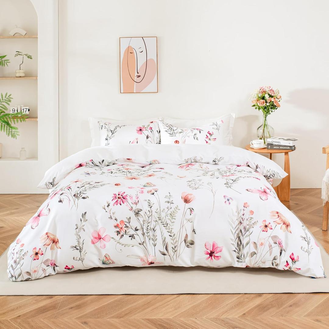 Duvet Cover King Size-100% Washed Microfiber Floral Duvet Cover Set,Soft and Breathable 3 Pieces Bedding Set,106x90 Inches Duvet Cover with Zipper Closure and 8 Ties,2 Pillow Shams