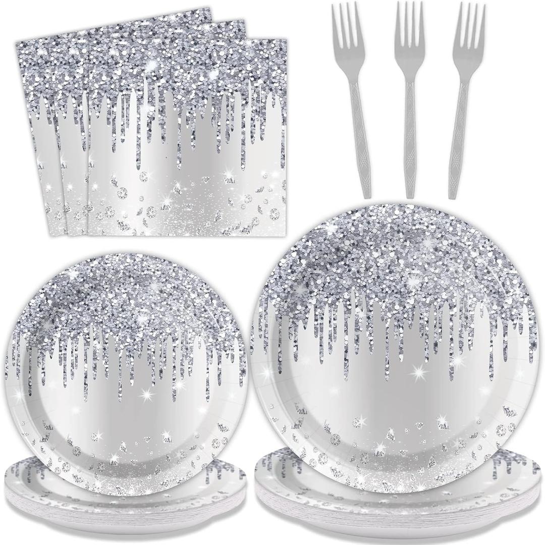 96 Pieces Silver Glitter Party Tableware Set for Denim and Diamonds Party Decorations Silver Plates and Napkins Forks Glitter Diamonds Theme Birthday Table Decorations for 24 Guests Parties Supplies