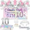 10th Birthday Decorations for Girls,49pcs Silver Dazzle Double Digits Banner, Iridescence Tablecloth, Sash, Tiara, Butterfly Decor, Happy 10th Birthday Cake Topper, Candles, Balloons Arch
