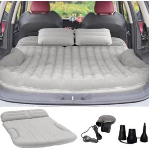 KMZ SUV Air Mattress Thickened and Double-Sided Flocking Travel Camping Bed with 2 Pillows & Electric Pump Dedicated Mobile Cushion Inflatable Bed for SUV Trunk and Rear Seat (Light Gray)