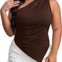 SOLY HUX Women's Plus Size One Shoulder Tank Top Sleeveless Asymmetrical Shirt Tops (XX-Large Plus, Solid Brown)