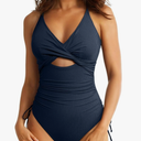 Aleumdr Women's Ribbed One Piece Swimsuit Tummy Control High Cut Bathing Suit Sexy V Neck Criss Cross Monikini XL, Navy Blue