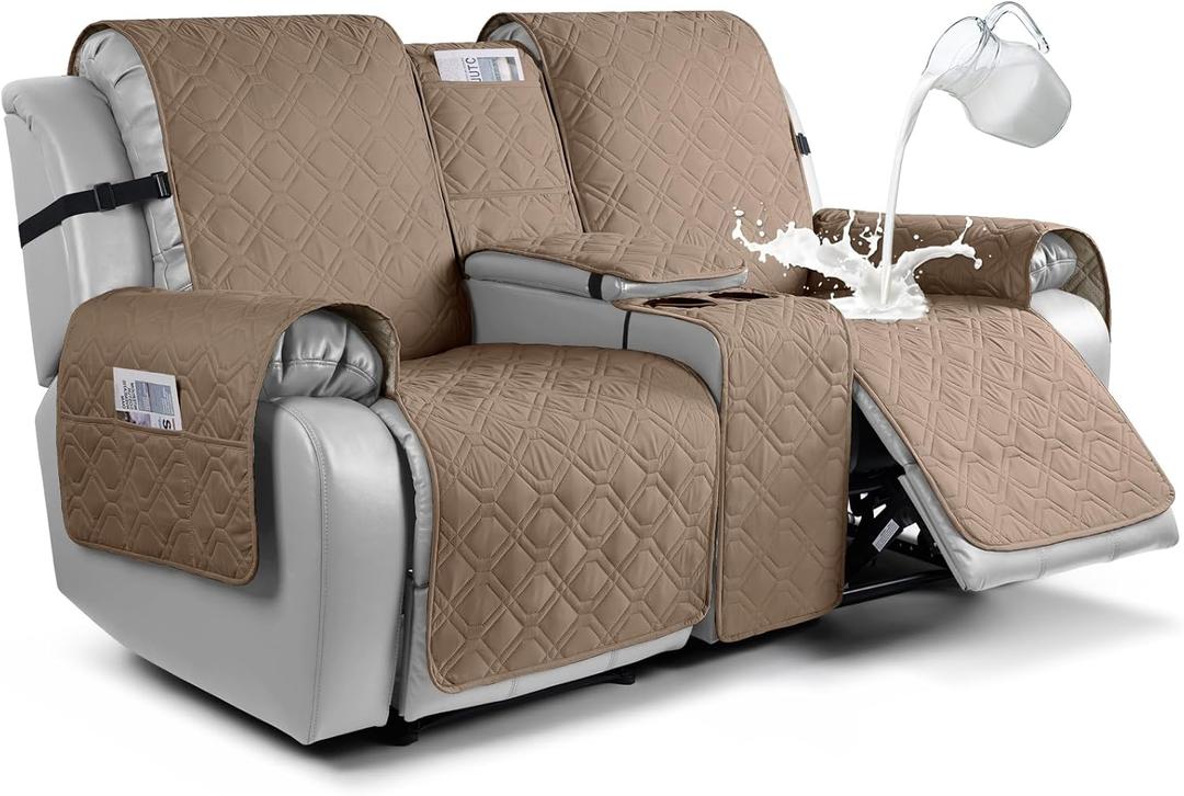 VANSOFY Loveseat Recliner Cover with Console 100% Waterproof Sofa Slipcovers Non-Slip Reclining Couch Cover Split Sofa Covers Furniture Protector for Pets, Dogs(Light Brown) (2 Seater+Console)