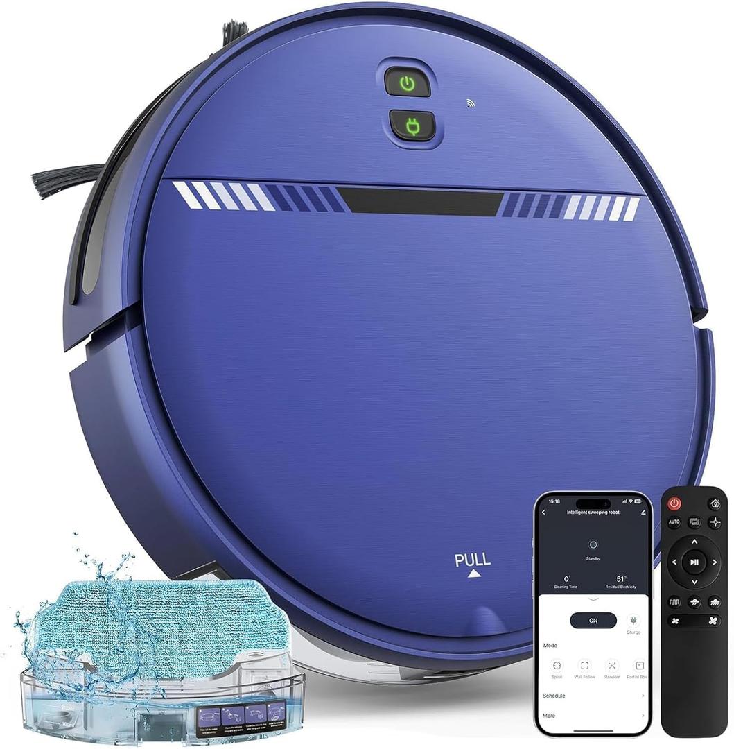 Robot Vacuum and Mop Combo, Robotic Vacuum Cleaner 2 in 1 with WiFi/App/Voice, Schedule, Water Tank and Dustbin, Self-Charging, Slim, Ideal for Hard Floor, Pet Hair, Carpet (Blue)