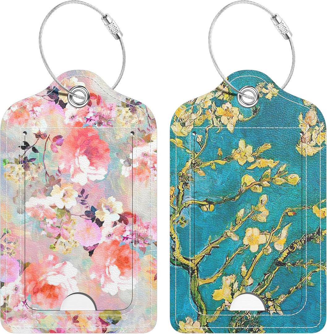 6 x 2 Pack PU Leather Luggage Tags for Suitcase, Travel Cruise Luggage Tag with Privacy Flap, Name ID Label and Metal Loop for Women Men Baggage Handbag School Bag Backpack, Watercolor Flowers