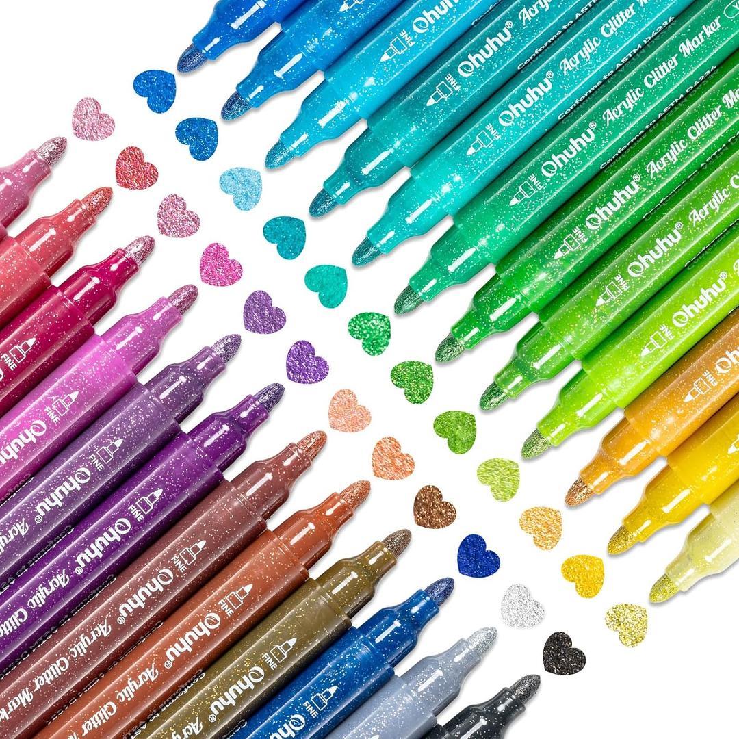 Ohuhu Acrylic Glitter Markers, 24 Metallic Glitter Colors, Fine Tip Paint Pens for Fine Details & Shimmer Accents, Water-Based & Quick Dry, for DIY Crafts, Cards, Journals, Wood & Rock, Medium Tip 3mm