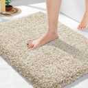 Yimobra Bathroom Rugs Non Slip Washable, Ultra Soft and Water Absorbent Bath Mats, Plush Fluffy Shower Mat Outside, Microfiber Thick Matts for Bathroom Floor/Sink, 24x17, Light Beige and White