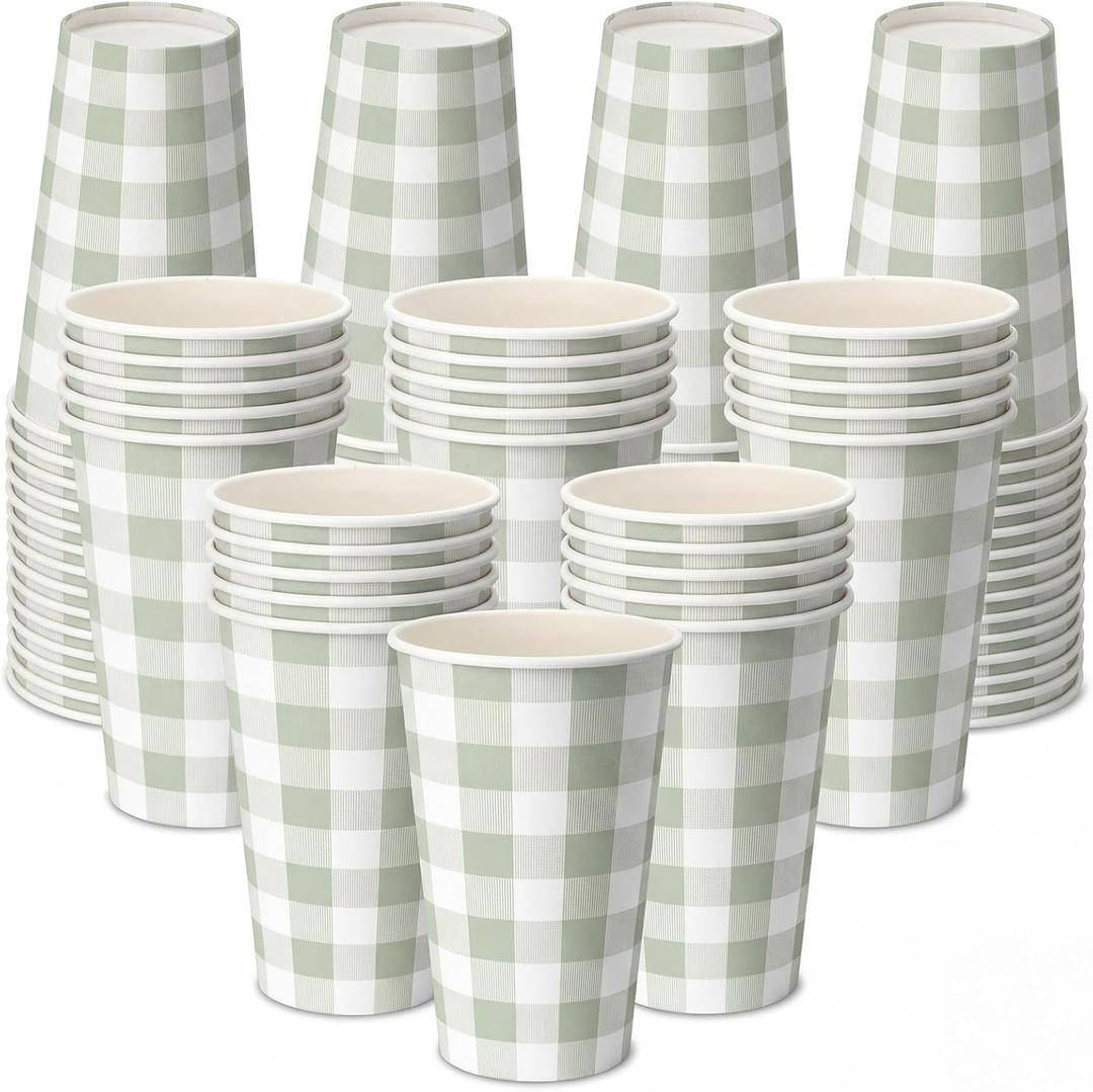 Tioncy 50 Pcs Green Gingham Paper Cups 12 oz Disposable Paper Coffee Cups for Tea Party, Coffee,Drinking, Water, Juice, Expresso, Hot and Cold Drink, Cocoa, Green Gingham Party Supplies Decoration