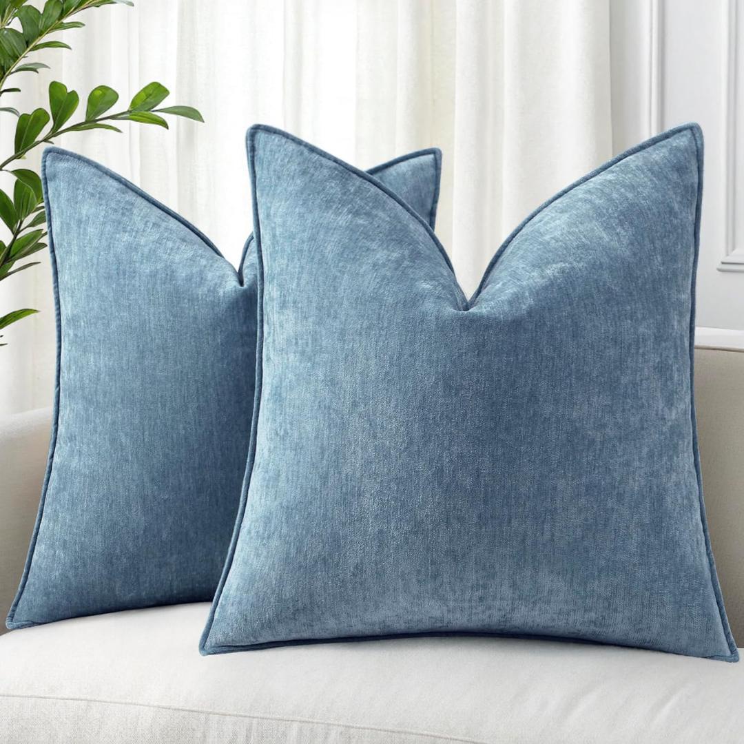 decorUhome Summer Couch Throw Pillow Covers 16x16 Set of 2, Decorative Soft Velvet Modern Cozy Chenille Pillow Cases with Elegant Design for Sofa Bed Living Room Home Decor, Blue Grey