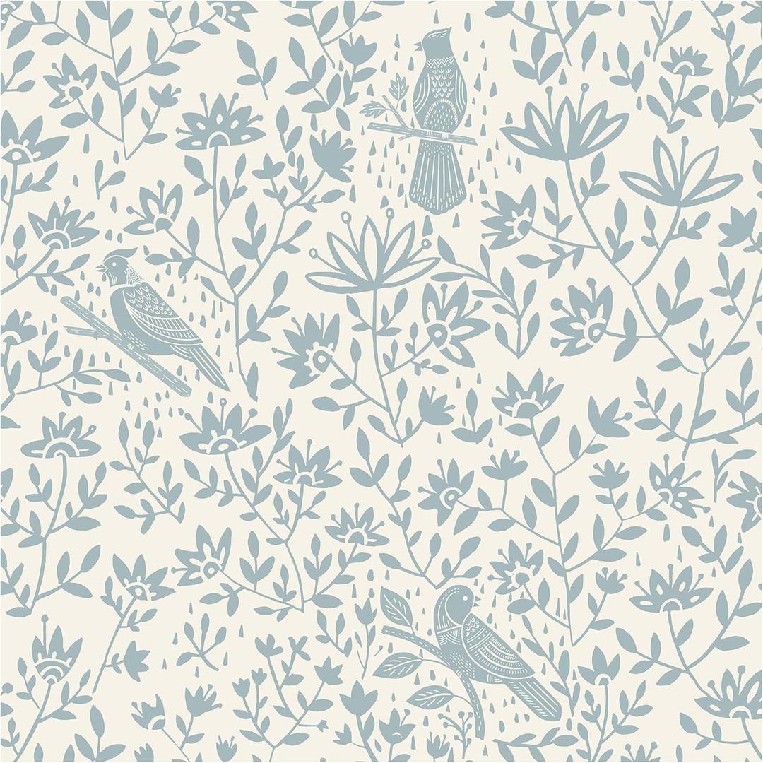 Peel and Stick Wallpaper Modern Beige and Blue Bird Wall Paper Self Adhesive Removable 17.3" x 393" Blue Botanical Wallpaper Boho Contact Paper for Bathroom Bedroom Art Decor Vinyl Roll