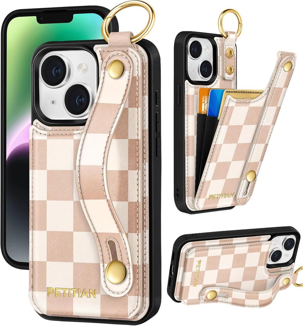 Petitian for iPhone 13/14 Wallet Case - Women Girls Cute Girly Aesthetic Unique Design Leather Credit Card Holder Phone Cover Stand Wristband for iPhone 13/14, Khaki Checkered
