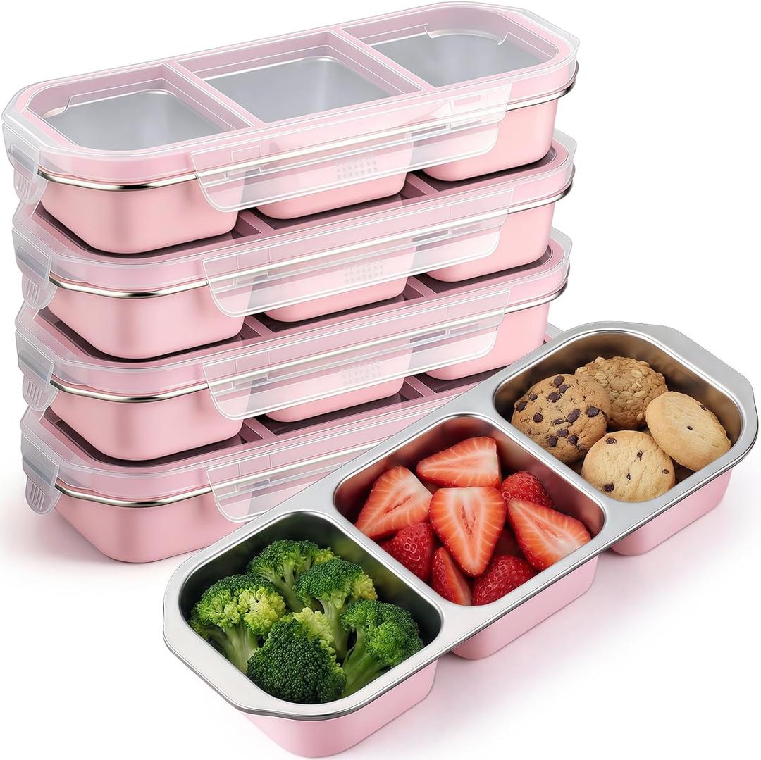 4 Pack Stainless Steel Snack Container for Adults 3-compartment Leak-proof Lunch Box for Work, Travel 10.6 x 4.1 x 2 Inch Stackable Reusable Metal Bento Box(Pink)