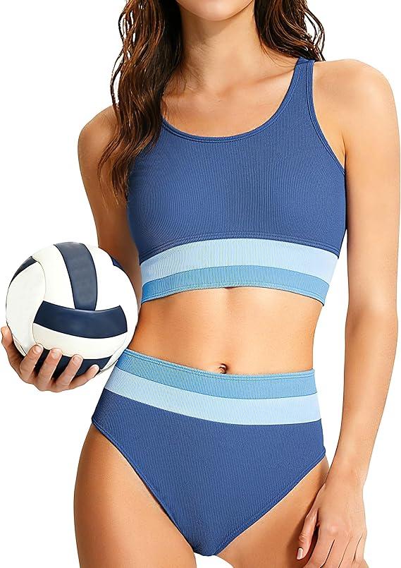 Lovekider Girls Swimsuits 9-16 Years 2 Piece Athletic Bathing Suit Set Teen Color Block Ribbed Bikini with Adjustable Straps, Dark Blue