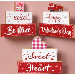 3PCS Valentines Day Centerpiece for Table, Wooden Valentine Day Table Decor for Home, Wood Happy Valentine's XOXO Be Mine Sweet Heart Sign Tabletop Decorations, Valentine's Day Presents Wood Love Heart Desk Decoration