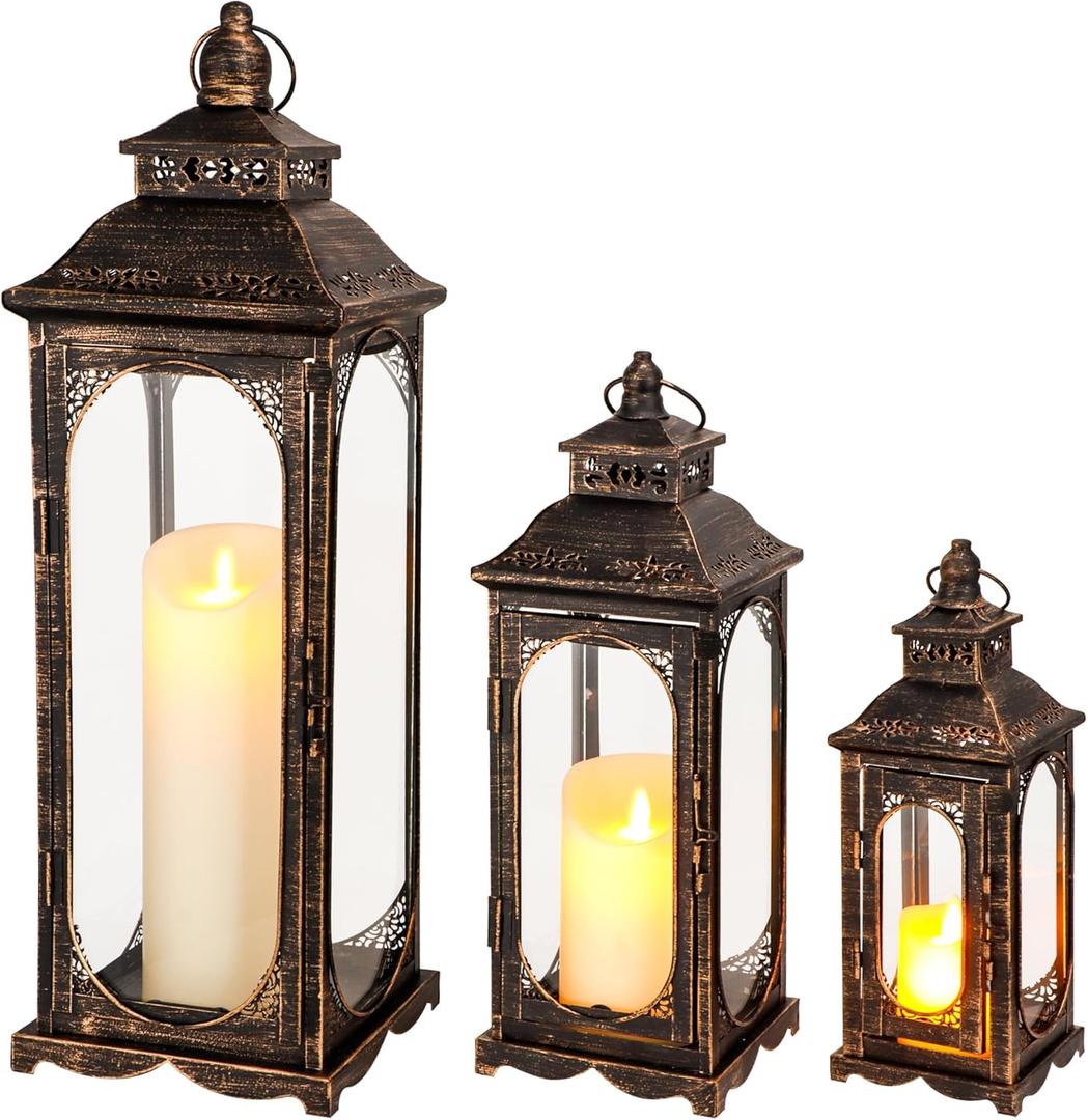TRIROCKS Set of 3 Vintage Candle Lanterns 10/14/19.5''H Decorative Outdoor Lantern Metal Candle Holder with Tempered Glass for Home Living Room Garden Yard Event Indoor Outdoor (Black with Gold Brush) 