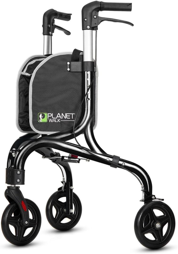 PLANETWALK Premium 3 Wheel Rollator Walker for Seniors Ultra Lightweight Foldable Aluminum Mobility Aid with Height Adjustable Handle and 8 Inch Wheels, Black